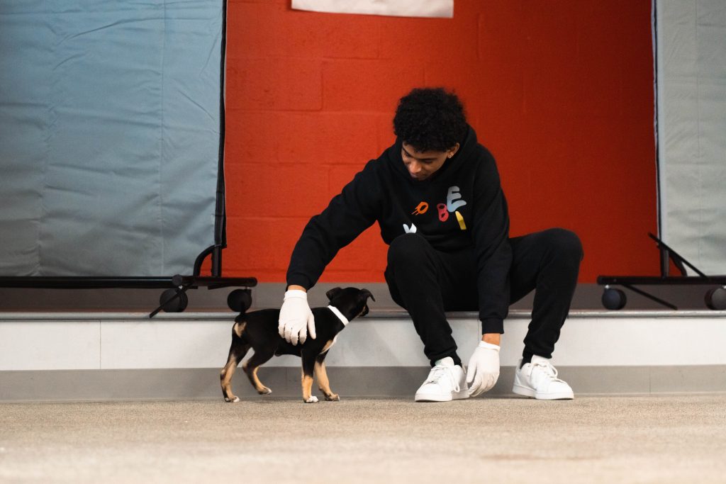 A man petting a dog.